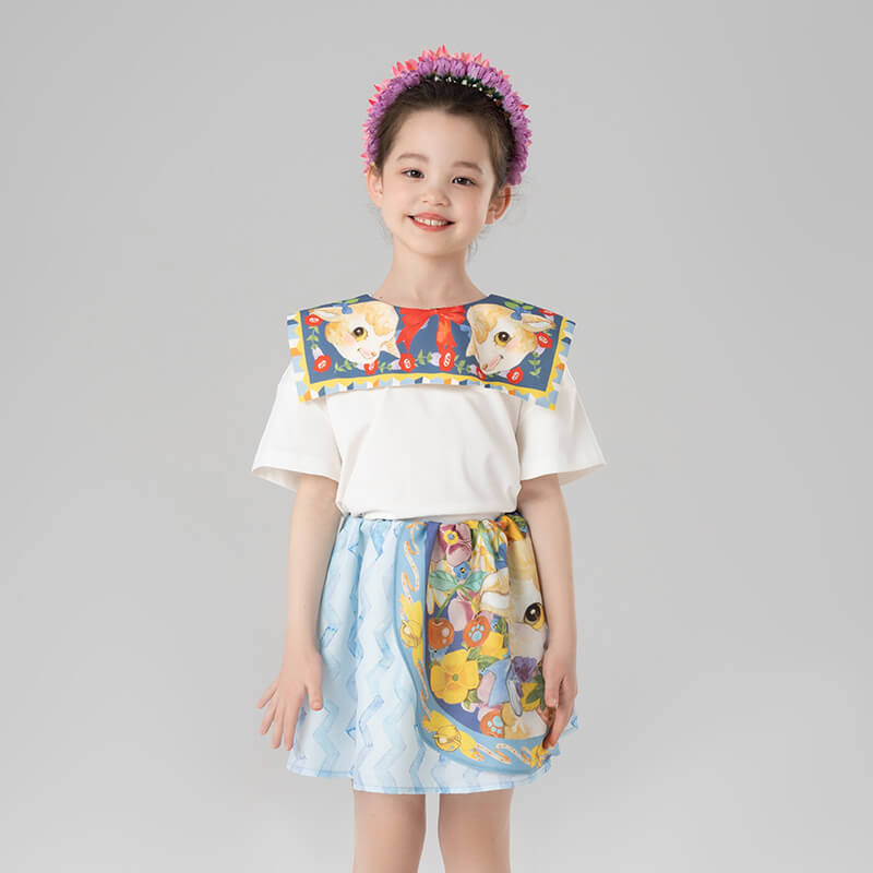Animal Friends Layered Square Collar Tee-1 -  NianYi, Chinese Traditional Clothing for Kids