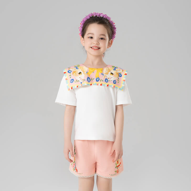 Animal Friends Layered Square Collar Tee-3-color-First Peach Pink -  NianYi, Chinese Traditional Clothing for Kids
