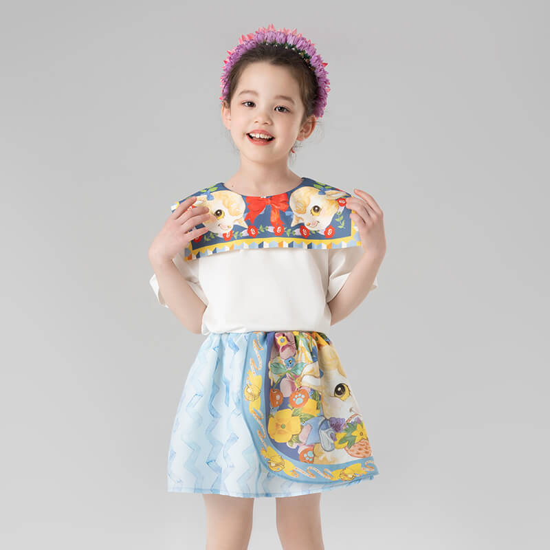 Animal Friends Layered Square Collar Tee-9-color-Cloisonne Blue -  NianYi, Chinese Traditional Clothing for Kids