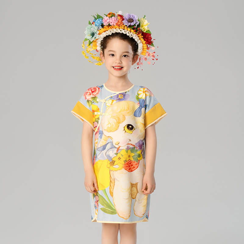 Lovely Animal Friends Graphic Qipao Dress-1 -  NianYi, Chinese Traditional Clothing for Kids