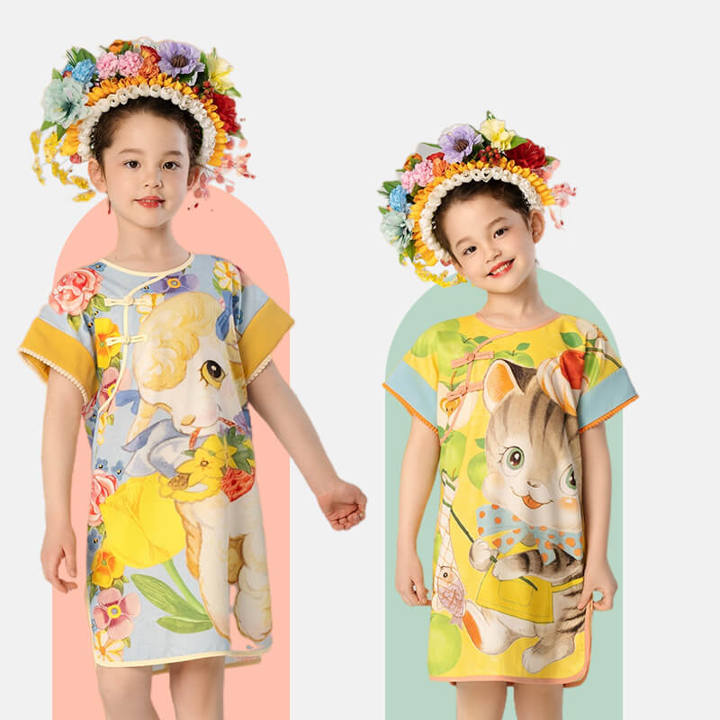 Lovely Animal Friends Graphic Qipao Dress-2 -  NianYi, Chinese Traditional Clothing for Kids