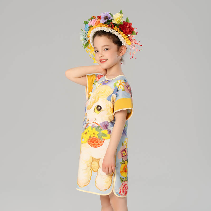 Lovely Animal Friends Graphic Qipao Dress-3 -  NianYi, Chinese Traditional Clothing for Kids