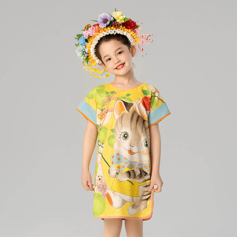 Lovely Animal Friends Graphic Qipao Dress-6-color-Almond Yellow -  NianYi, Chinese Traditional Clothing for Kids