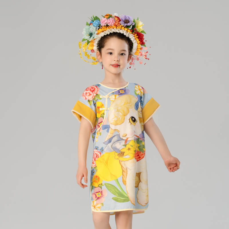 Lovely Animal Friends Graphic Qipao Dress-8-color-Cloud Water Blue -  NianYi, Chinese Traditional Clothing for Kids