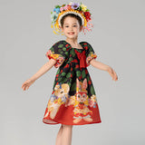 Flowers and Animal Friends Bow Front Puff Sleeve Dress-1-color-Dark Blue -  NianYi, Chinese Traditional Clothing for Kids