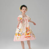Flowers and Animal Friends Bow Front Puff Sleeve Dress-10 -  NianYi, Chinese Traditional Clothing for Kids
