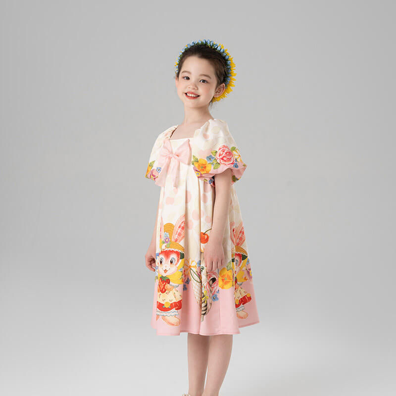 Flowers and Animal Friends Bow Front Puff Sleeve Dress-11 -  NianYi, Chinese Traditional Clothing for Kids