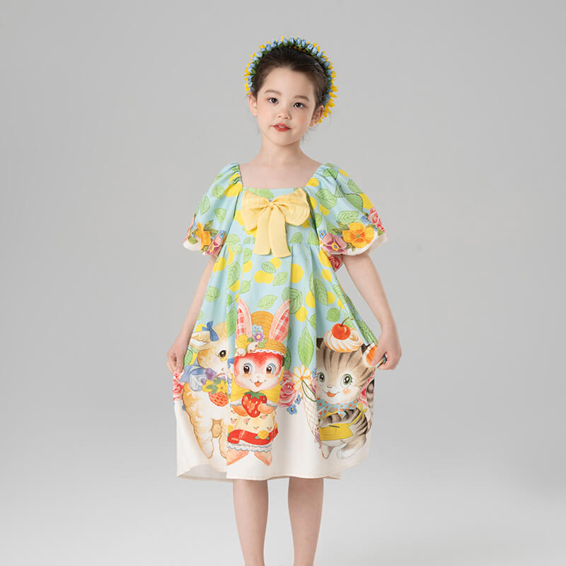 Flowers and Animal Friends Bow Front Puff Sleeve Dress-2-color-Cloud Water Blue -  NianYi, Chinese Traditional Clothing for Kids