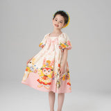 Flowers and Animal Friends Bow Front Puff Sleeve Dress-3-color-First Peach Pink -  NianYi, Chinese Traditional Clothing for Kids
