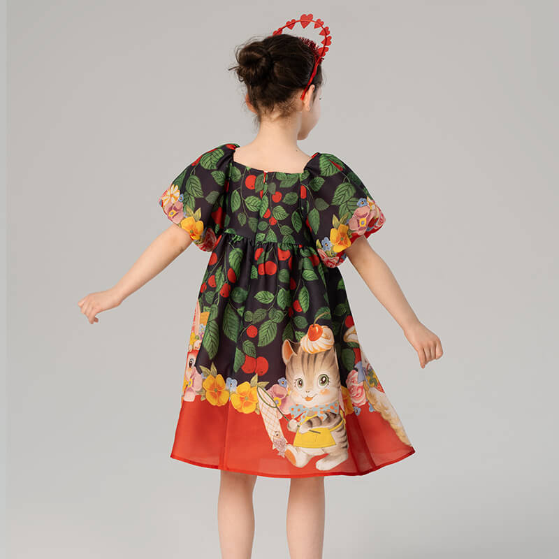 Flowers and Animal Friends Bow Front Puff Sleeve Dress-4 -  NianYi, Chinese Traditional Clothing for Kids