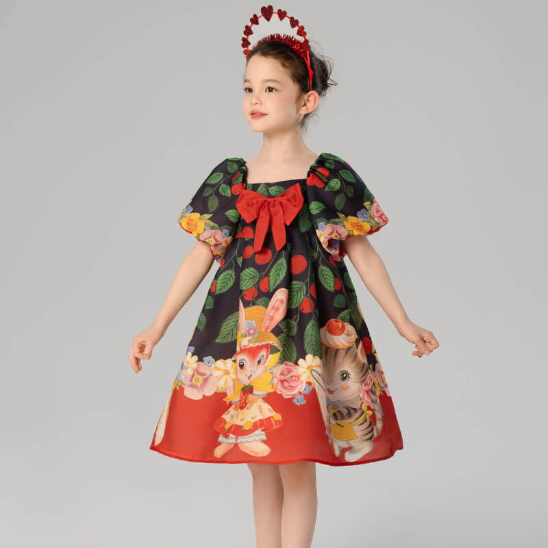 Flowers and Animal Friends Bow Front Puff Sleeve Dress-5 -  NianYi, Chinese Traditional Clothing for Kids