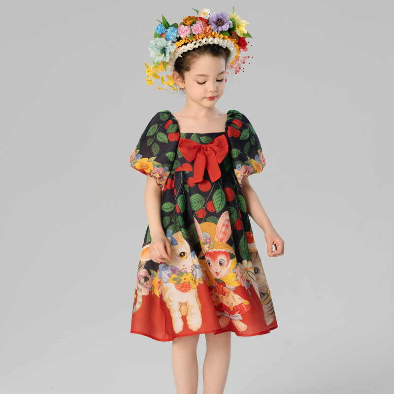 Flowers and Animal Friends Bow Front Puff Sleeve Dress-6 -  NianYi, Chinese Traditional Clothing for Kids