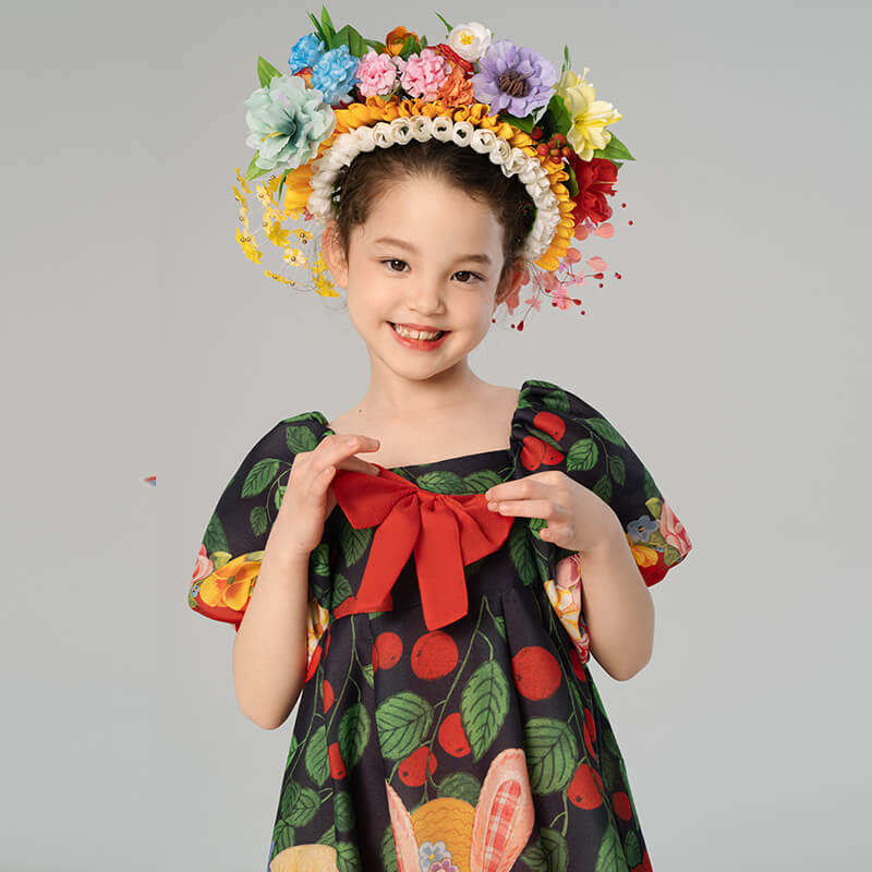 Flowers and Animal Friends Bow Front Puff Sleeve Dress-7 -  NianYi, Chinese Traditional Clothing for Kids