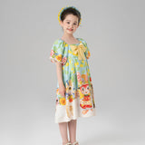 Flowers and Animal Friends Bow Front Puff Sleeve Dress-8 -  NianYi, Chinese Traditional Clothing for Kids