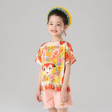 Flowers and Animal Friends Graphic Tee-1-color-First Peach Pink -  NianYi, Chinese Traditional Clothing for Kids
