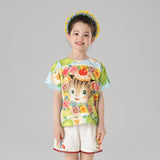 Flowers and Animal Friends Graphic Tee-2-color-Pine Green -  NianYi, Chinese Traditional Clothing for Kids