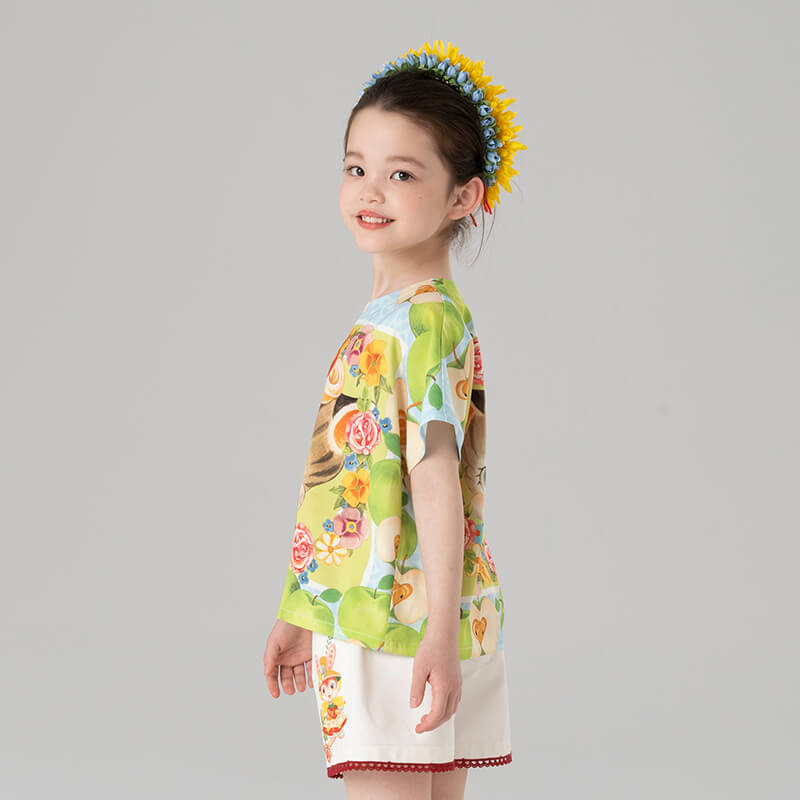 Flowers and Animal Friends Graphic Tee-7 -  NianYi, Chinese Traditional Clothing for Kids