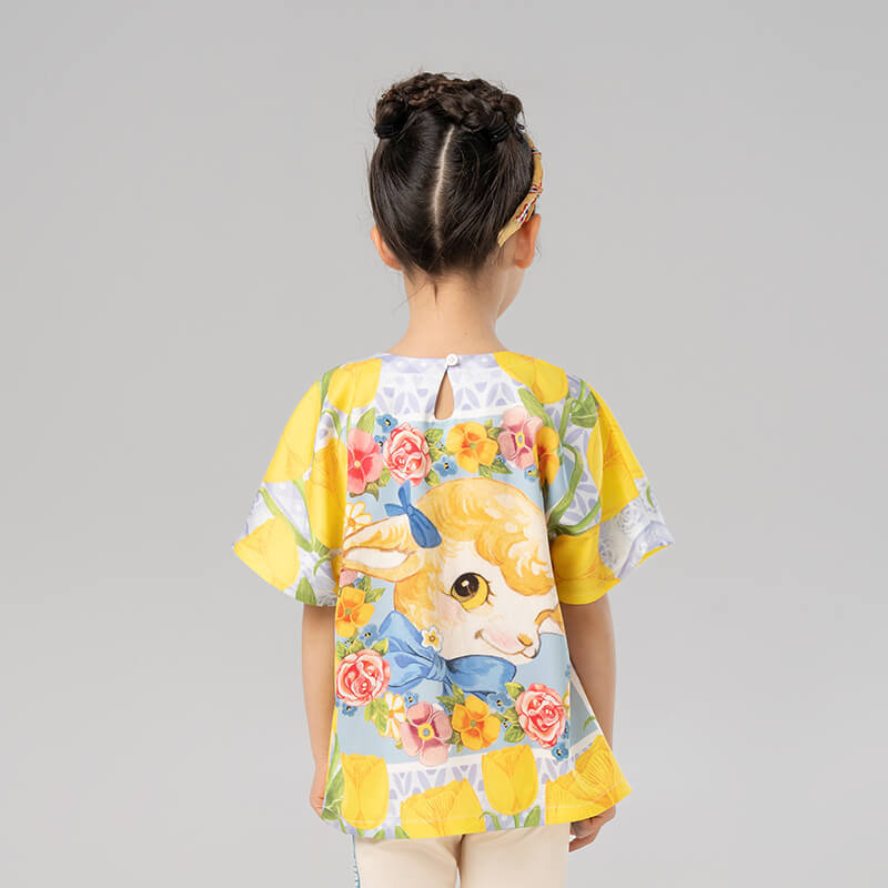 Flowers and Animal Friends Graphic Tee-8 -  NianYi, Chinese Traditional Clothing for Kids