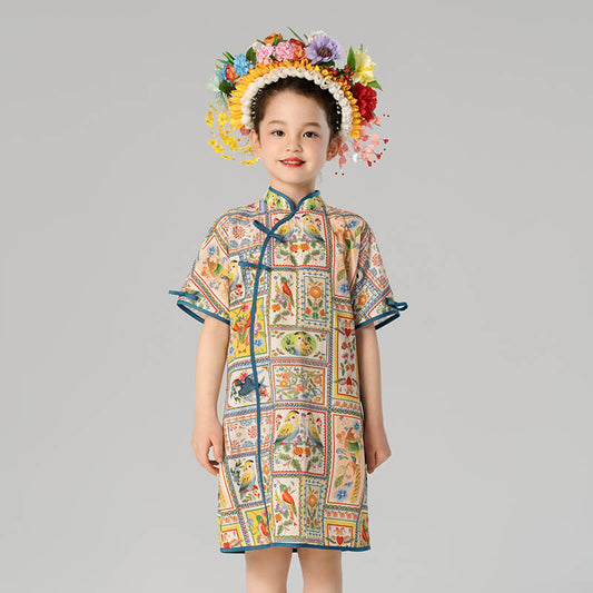 Animal Friends Multi Graphic Qipao Dress-1-color-Fried Beige -  NianYi, Chinese Traditional Clothing for Kids