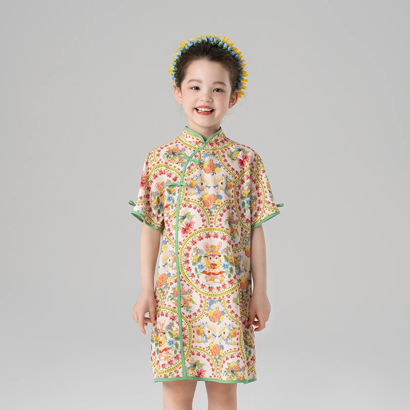Animal Friends Multi Graphic Qipao Dress-3 -  NianYi, Chinese Traditional Clothing for Kids