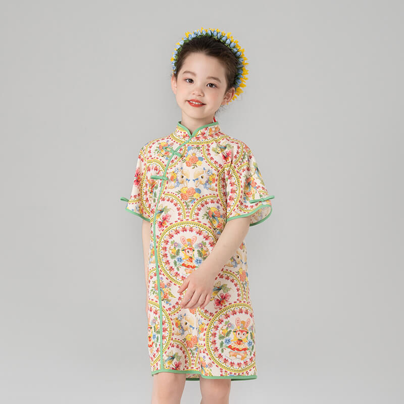 Animal Friends Multi Graphic Qipao Dress-4-color-Tender Orange Green -  NianYi, Chinese Traditional Clothing for Kids
