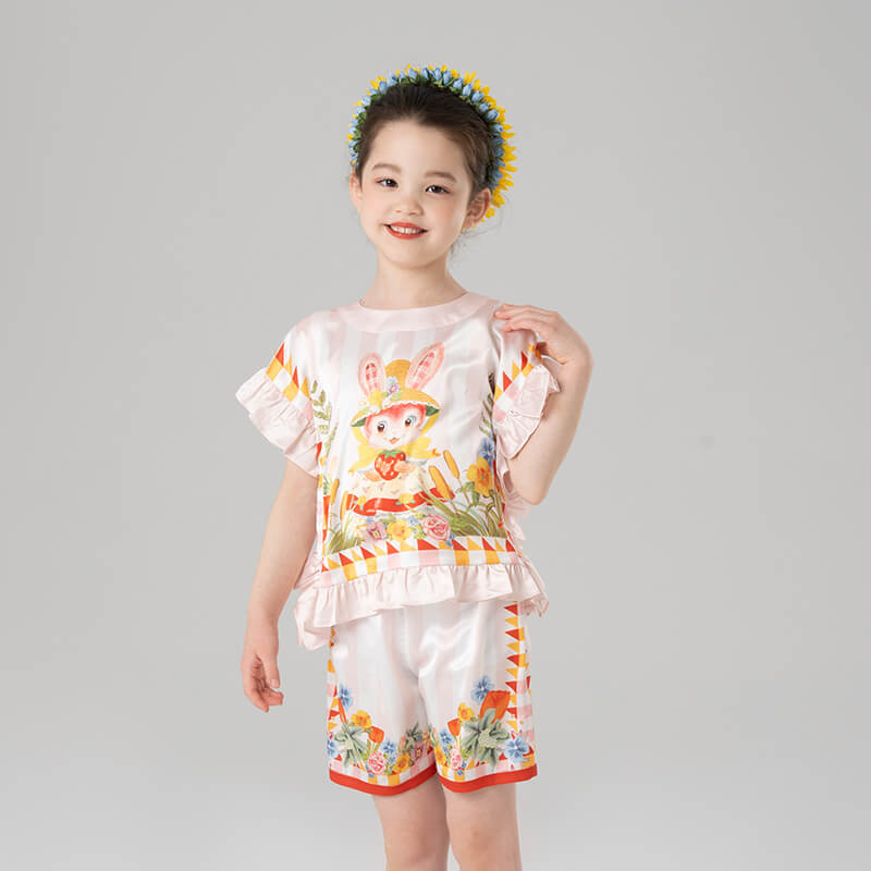 Animal Friends Graphic Ruffle Trim Square Tee and Shorts-1-color-Pale Crimson -  NianYi, Chinese Traditional Clothing for Kids