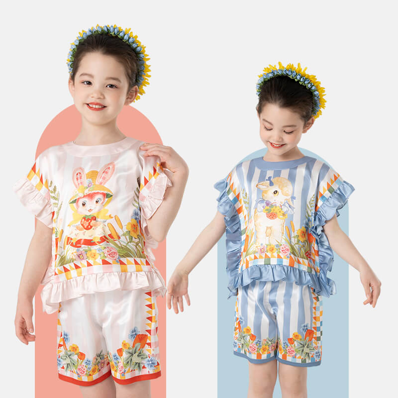 Animal Friends Graphic Ruffle Trim Square Tee and Shorts-2 -  NianYi, Chinese Traditional Clothing for Kids