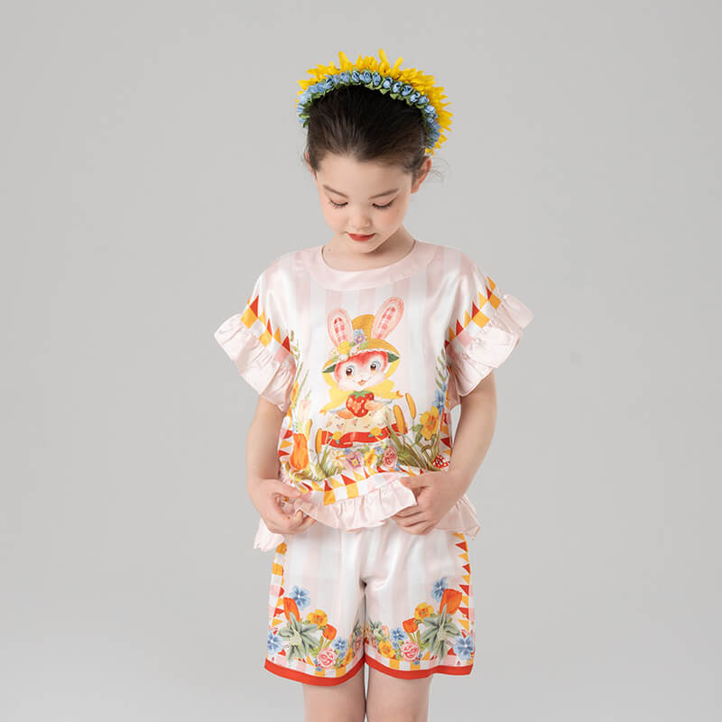 Animal Friends Graphic Ruffle Trim Square Tee and Shorts-4 -  NianYi, Chinese Traditional Clothing for Kids