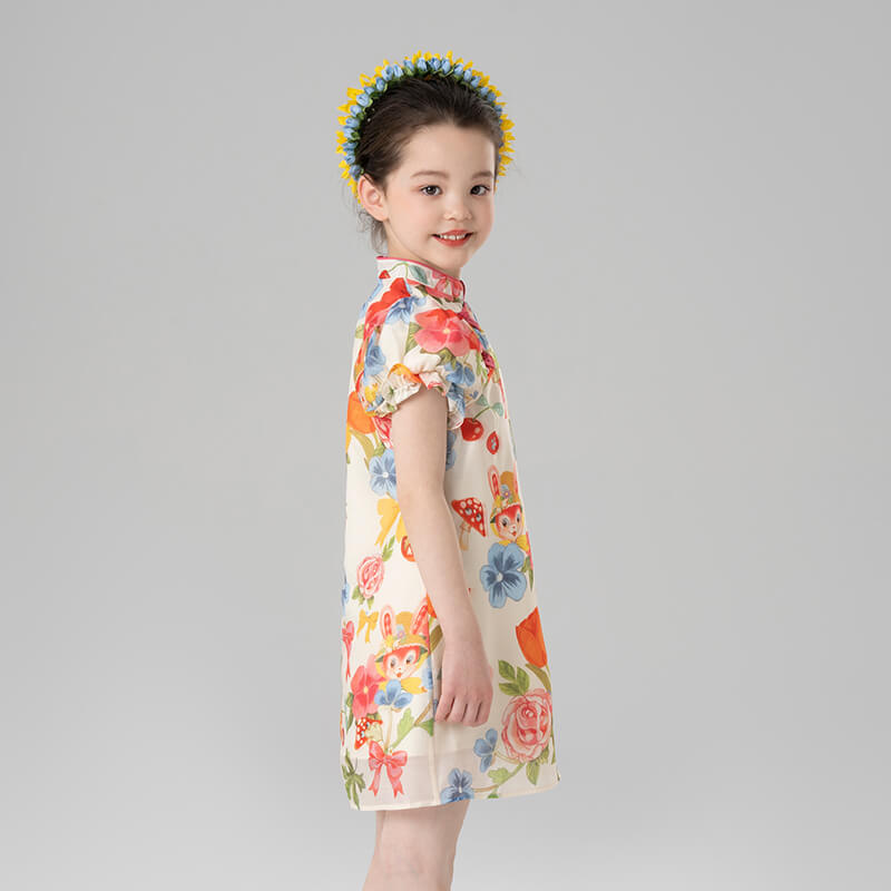 Summer Garden Flower Graphic Puff Sleeves Qipao Dress-10 -  NianYi, Chinese Traditional Clothing for Kids