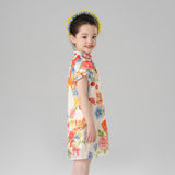 Summer Garden Flower Graphic Puff Sleeves Qipao Dress-10 -  NianYi, Chinese Traditional Clothing for Kids