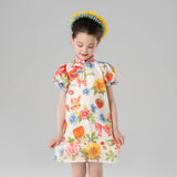 Summer Garden Flower Graphic Puff Sleeves Qipao Dress-13 -  NianYi, Chinese Traditional Clothing for Kids