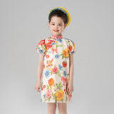 Summer Garden Flower Graphic Puff Sleeves Qipao Dress-1 -  NianYi, Chinese Traditional Clothing for Kids