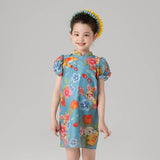 Summer Garden Flower Graphic Puff Sleeves Qipao Dress-2 -  NianYi, Chinese Traditional Clothing for Kids