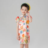 Summer Garden Flower Graphic Puff Sleeves Qipao Dress-3-color-Pale Ivy Pink -  NianYi, Chinese Traditional Clothing for Kids