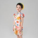 Summer Garden Flower Graphic Puff Sleeves Qipao Dress-4 -  NianYi, Chinese Traditional Clothing for Kids