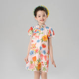 Summer Garden Flower Graphic Puff Sleeves Qipao Dress-5 -  NianYi, Chinese Traditional Clothing for Kids