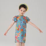 Summer Garden Flower Graphic Puff Sleeves Qipao Dress-7-color-Late Wave Blue -  NianYi, Chinese Traditional Clothing for Kids