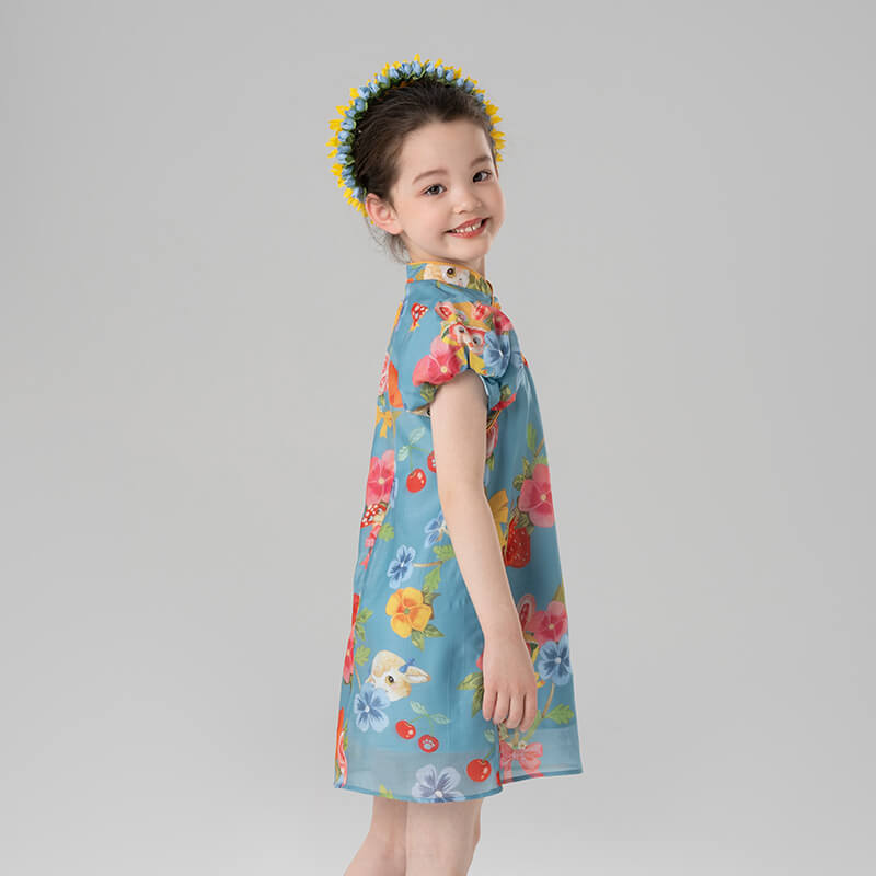 Summer Garden Flower Graphic Puff Sleeves Qipao Dress-8 -  NianYi, Chinese Traditional Clothing for Kids