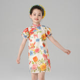 Summer Garden Flower Graphic Puff Sleeves Qipao Dress-9-color-Fried Beige -  NianYi, Chinese Traditional Clothing for Kids