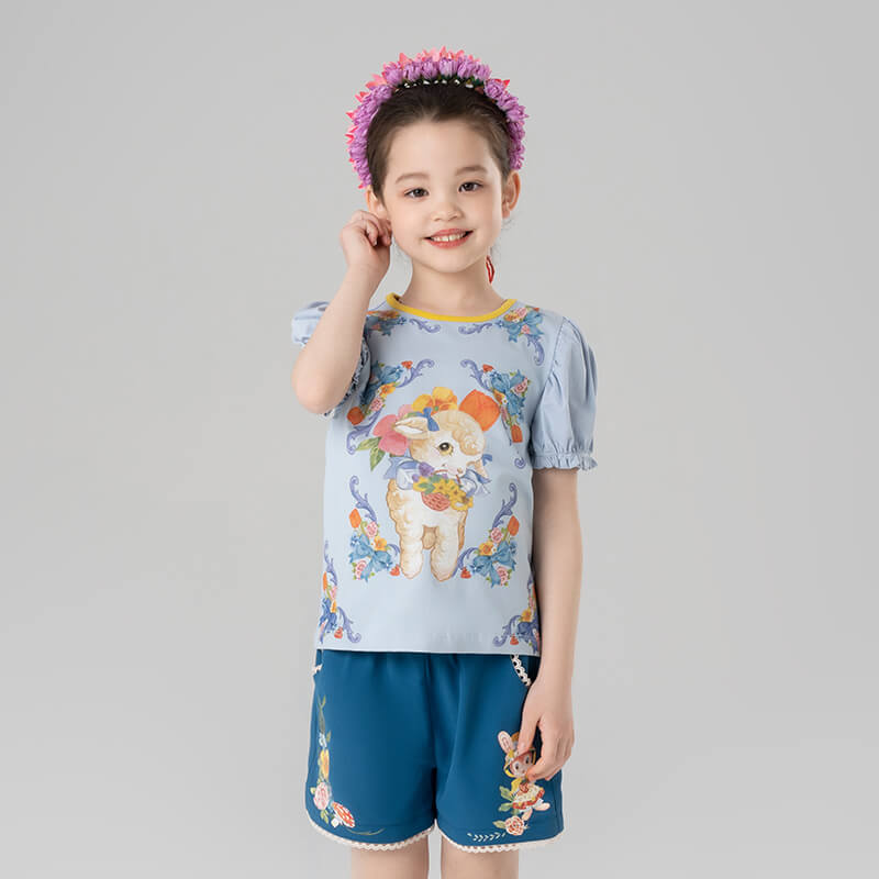 Animal Friends Puff Sleeve Tee-3-colro-Star Blue -  NianYi, Chinese Traditional Clothing for Kids