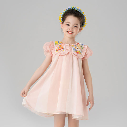 Layered Collar Mesh Tutu Dress-1-color-Pale Crimson -  NianYi, Chinese Traditional Clothing for Kids