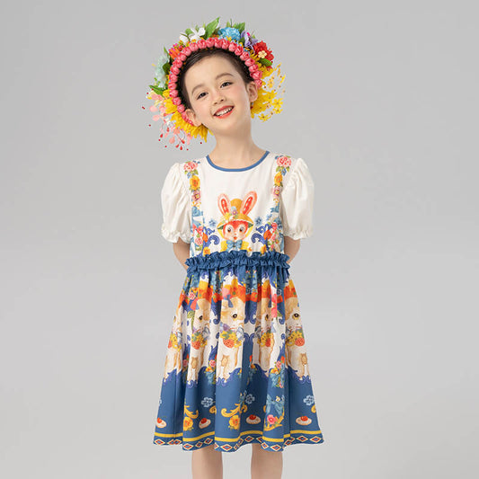 Animal Friends Graphic Puff Sleeves Ruffle Trim Dress-1 -  NianYi, Chinese Traditional Clothing for Kids