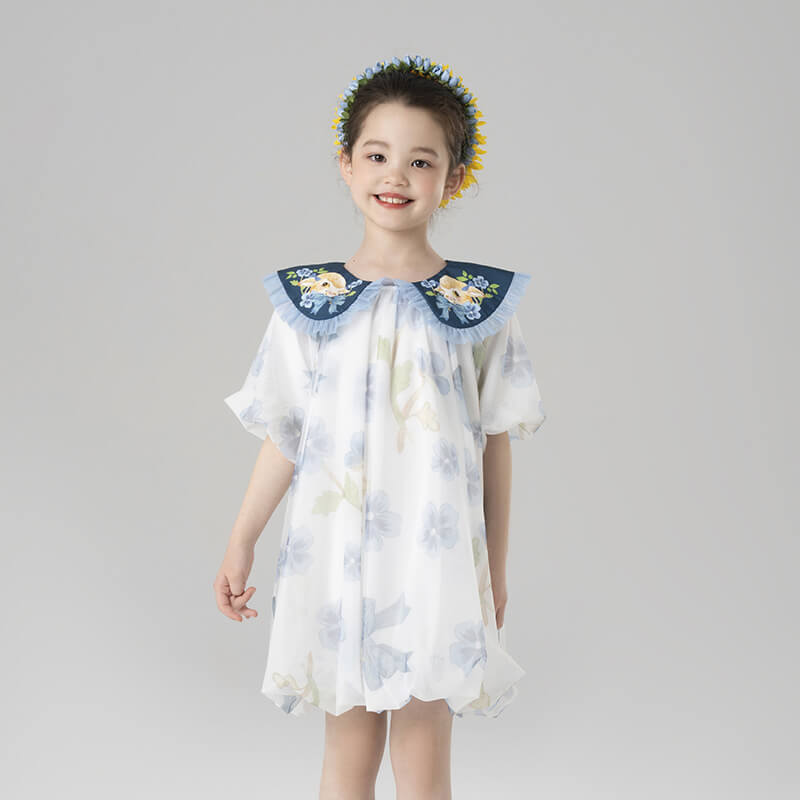 Animal Friends Graphic Puritan Flap Collar Tulle Layered Tutu Dress-1 -  NianYi, Chinese Traditional Clothing for Kids