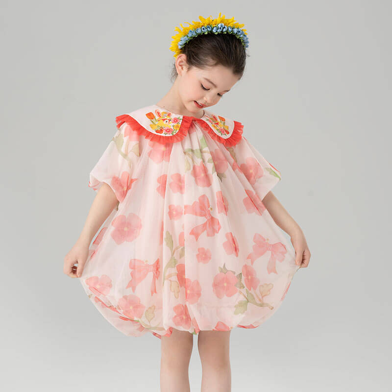 Animal Friends Graphic Puritan Flap Collar Tulle Layered Tutu Dress-8 -  NianYi, Chinese Traditional Clothing for Kids