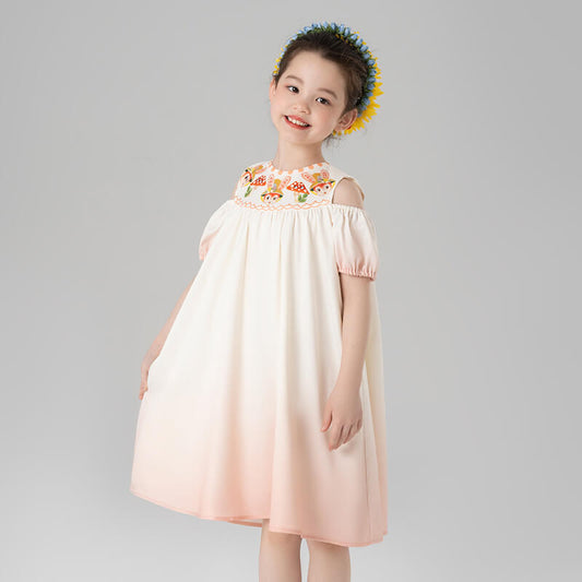 Animal Friends Cut Out Shoulder Gradient Dress-1 -  NianYi, Chinese Traditional Clothing for Kids