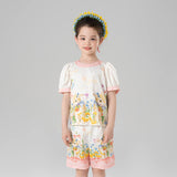 Animal Friends Graphic Puff Sleeves Top and Shorts-1 -  NianYi, Chinese Traditional Clothing for Kids