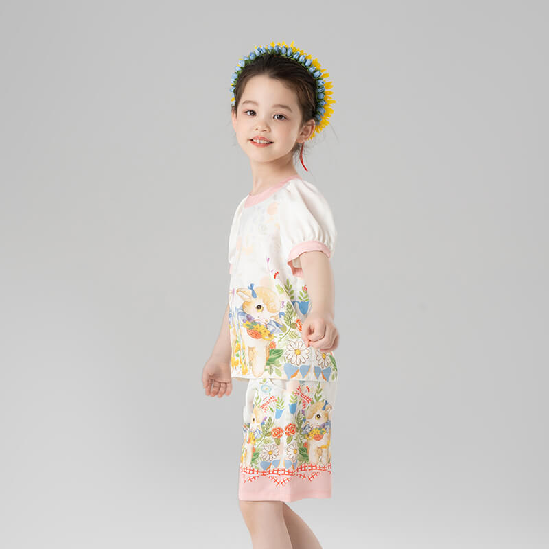 Animal Friends Graphic Puff Sleeves Top and Shorts-3 -  NianYi, Chinese Traditional Clothing for Kids