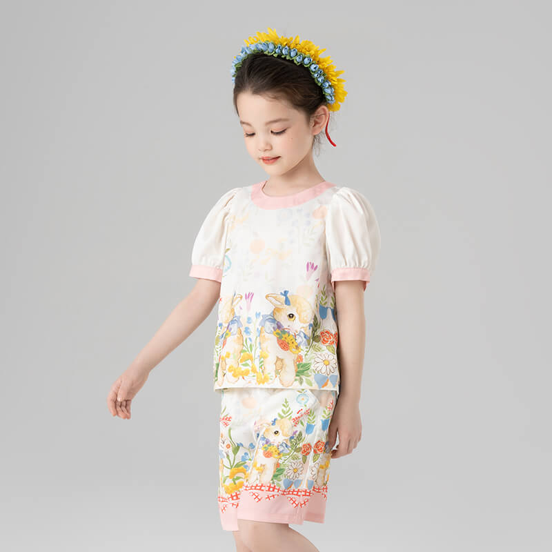 Animal Friends Graphic Puff Sleeves Top and Shorts-6 -  NianYi, Chinese Traditional Clothing for Kids