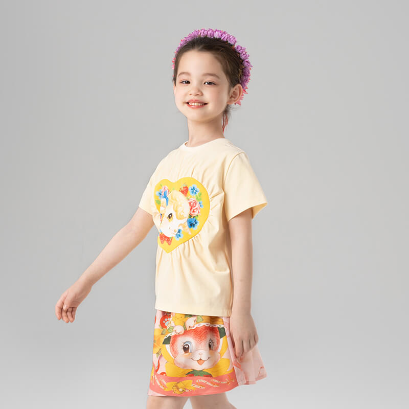 Animal Friends Graphic Heart Symbol Tee-6-color-Almond Yellow -  NianYi, Chinese Traditional Clothing for Kids