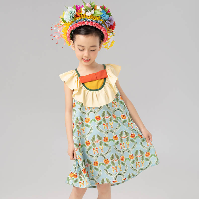 Summer Garden Graphic Flare Colloar Dress-3 -  NianYi, Chinese Traditional Clothing for Kids